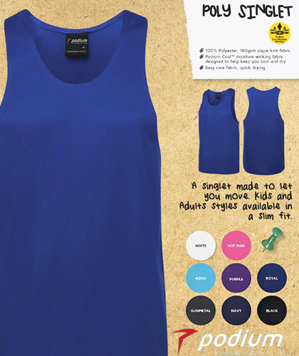 On the Go! Singlets in Plain solid colours White, Hot Pink, Aqua, Purple, Royal, Gunmetal Grey, Navy, Black. Ready for your School or Club logo. Moisture wicking fabric, designed to help keep kids cool and dry. Easy care fabric, quick drying.