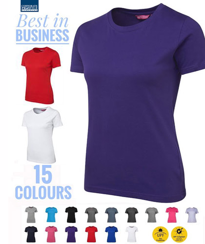 Ladies T-Shirts #1HT With Printing Service for Business and Clubs. The Ladies Tee #1LHT is available in 15 colours. The impressive 165 gsm jersey fabric is comfortable to wear, has a modern fit style, and is easy and inexpensive to coordinate for staff uniforms, workwear, advertising and teamwear. Just a few of the features include twin needle double stitched seams for long lasting value. The elastane rib neck keeps its shape for neater appearance which is great if worn for staff uniforms or outdoors workwear etc.  The JB's Tee 1HT complies with the Australian Standard for UPF Protection-AS/NZS 4399:1996. for Corporate Sales Enquiry Call Free 1800 654 990 Customers appreciate the comfort and durability of this very good t-shirt.