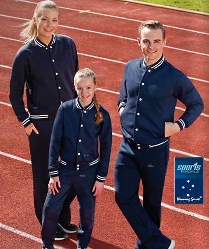 Sport Letterman Fleece Jacket for School and Team #FL11. There are 8 School Colour combinations including Black/White, Red/White, Bottle Green/White, Navy/Sky, Navy/White, Royal/Gold, Royal/White. Print or Embroidery Logo Service. Large range of Adult and Kids Sizes, heavy ribbed collar, cuffs and waistband, press studs front closure. For all the details please call Shelley Morris or Leigh Gazzard on FreeCall 1800 654 990.