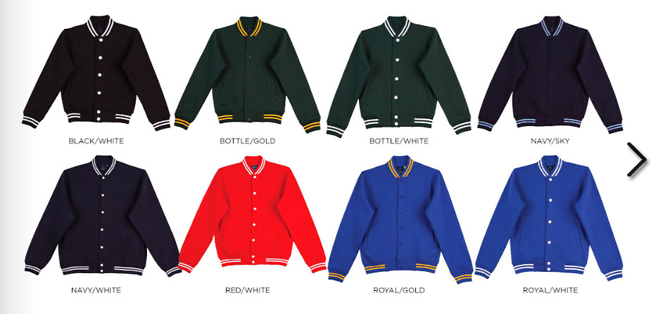 Letterman Fleece Jacket for School and Team #FL11. Stock Service. There are 8 School Colour combinations including Black/White, Red/White, Bottle Green/White, Navy/Sky, Navy/White, Royal/Gold, Royal/White. Print or Embroidery Logo Service. Large range of Adult and Kids Sizes, heavy ribbed collar, cuffs and waistband, press studs front closure. For all the details please call Shelley Morris or Leigh Gazzard on FreeCall 1800 654 990.